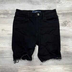 Hollister Black Denim Shorts High-Rise Flare Frayed Hem Womens Size 26‎